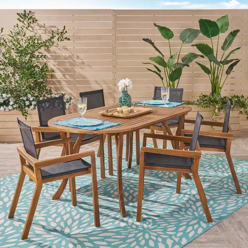 Christopher Knight Home Arletta Outdoor Mesh and Acacia Wood 7 Piece Dining Set