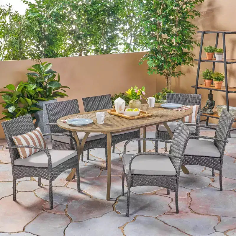 Christopher Knight Home Mason Outdoor Acacia Wood and Wicker 7 Piece Dining Set with Cushions
