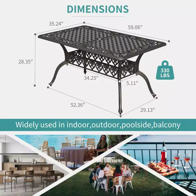 59x35 Outdoor Dining Table for 6, Cast Aluminum Patio Table with Umbrella Hole, Weather Resistant, for Garden, Backyard, Poolside, Vintage Bronze