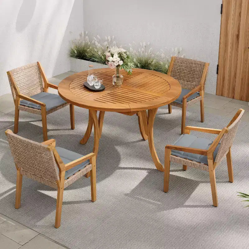 Christopher Knight Home Neva 5 Piece Outdoor Acacia Wood and Wicker Dining Set with Water-Resistant Cushions