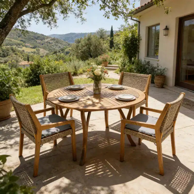 Christopher Knight Home Neva 5 Piece Outdoor Acacia Wood and Wicker Dining Set with Water-Resistant Cushions