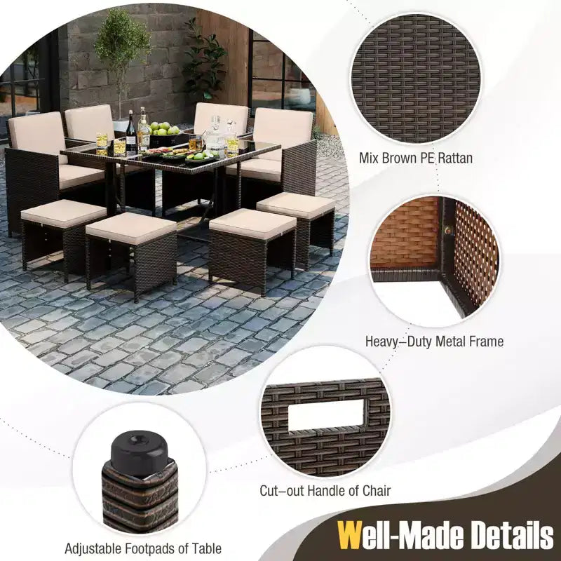 Costway 9 PCS Patio Dining Set with Tempered Glass Table & Ottoman Removable Cushions off-White/Beige