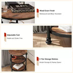 3-Tier Round Side Table, Living Room Accent Tables, Small Corner Table with Storage Shelves, Metal Legs, Industrial Night Stand for Bedroom, Brown