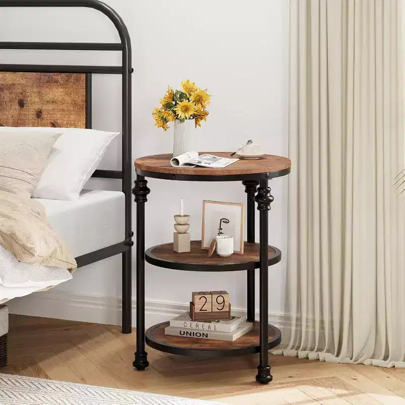 3-Tier Round Side Table, Living Room Accent Tables, Small Corner Table with Storage Shelves, Metal Legs, Industrial Night Stand for Bedroom, Brown
