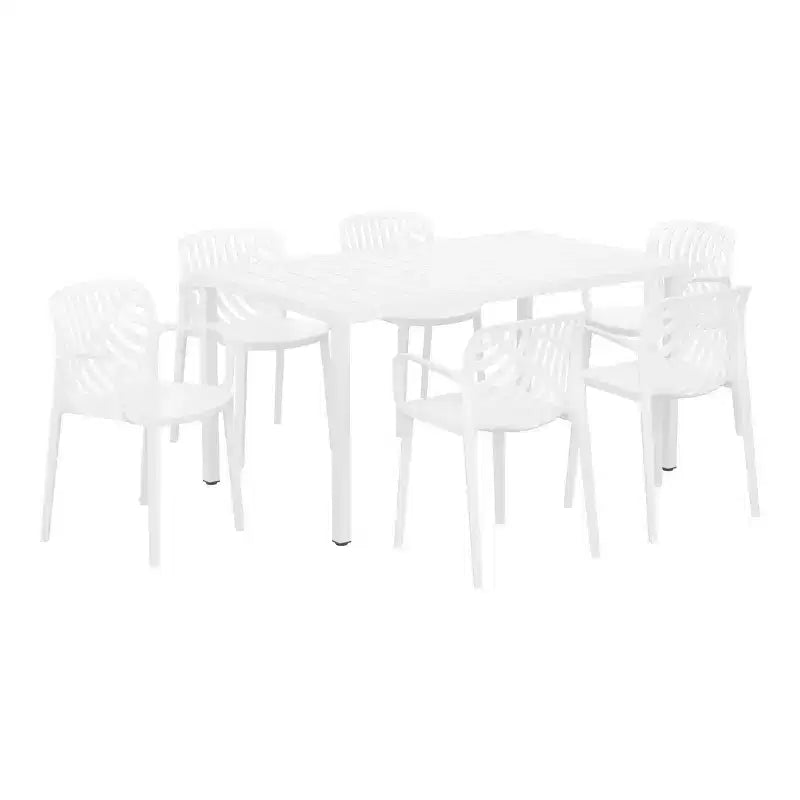 WestinTrends Playa 7-Piece Outdoor Metal Rectangle Patio Dining Table Set With Stackable Resin Patio Dining Chairs