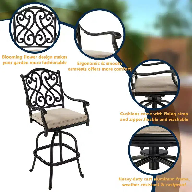 CLIHOME 3-Piece Cast Aluminum Bar Height Patio Set with Sofa Cushions