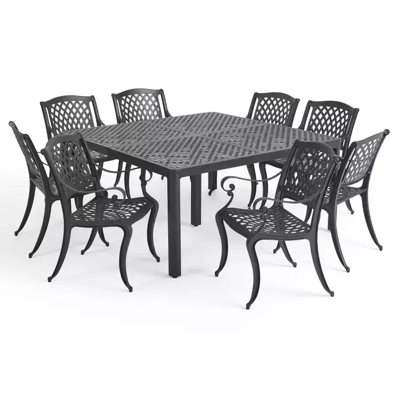 Christopher Knight Home Cayman Outdoor 9 Piece Traditional Cast Aluminum Mesh Dining Set with 61.25 Round Woven Table