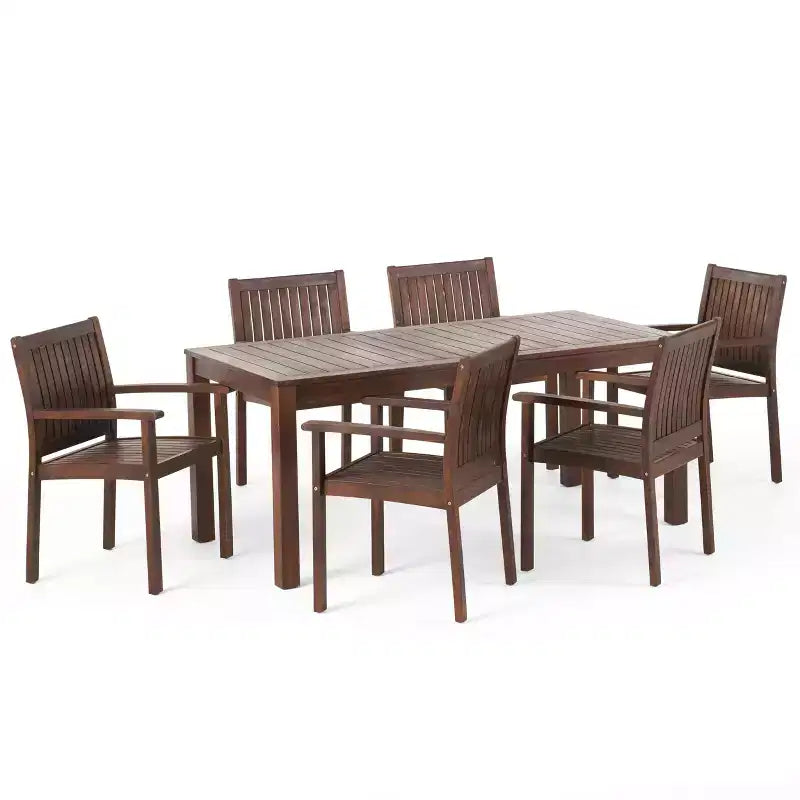 GDFStudio Paoha Outdoor Acacia Wood 7 Piece Dining Set with Slatted Design