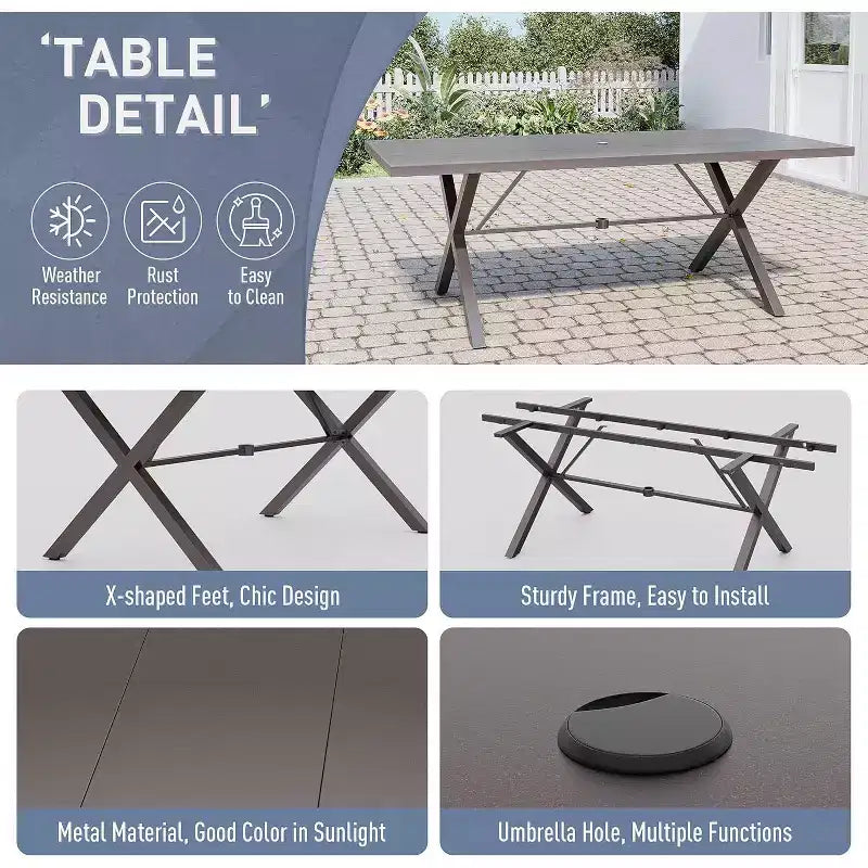 ALAULM 7 Piece Patio Dining Set Outdoor Furniture, Metal Patio Furniture Set 6 Fixed Chairs and Large Table