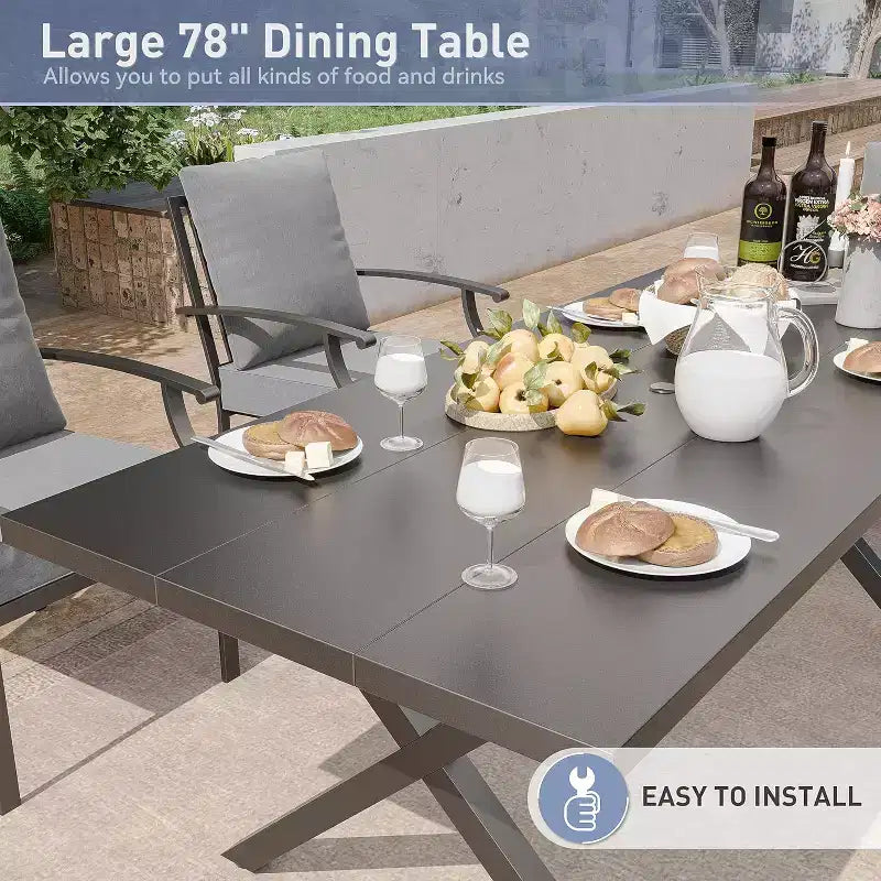 ALAULM 7 Piece Patio Dining Set Outdoor Furniture, Metal Patio Furniture Set 6 Fixed Chairs and Large Table
