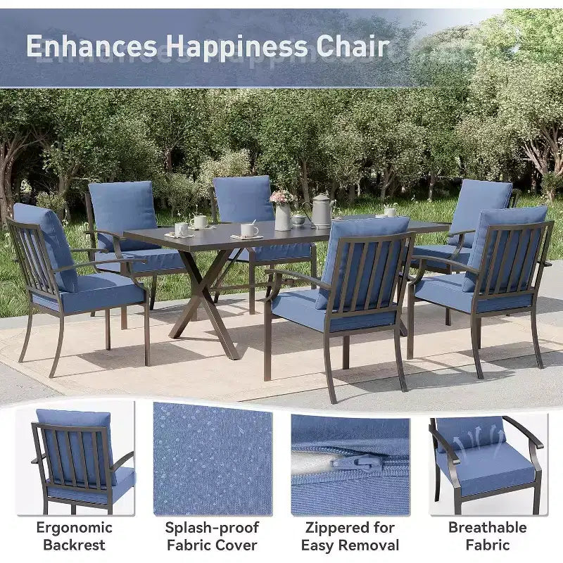 ALAULM 7 Piece Patio Dining Set Outdoor Furniture, Metal Patio Furniture Set 6 Fixed Chairs and Large Table