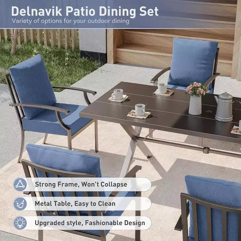 ALAULM 7 Piece Patio Dining Set Outdoor Furniture, Metal Patio Furniture Set 6 Fixed Chairs and Large Table