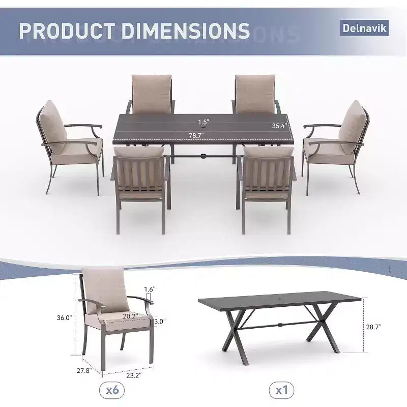 ALAULM 7 Piece Patio Dining Set Outdoor Furniture, Metal Patio Furniture Set 6 Fixed Chairs and Large Table