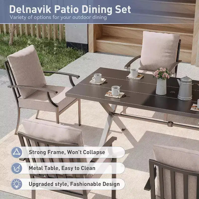 ALAULM 7 Piece Patio Dining Set Outdoor Furniture, Metal Patio Furniture Set 6 Fixed Chairs and Large Table