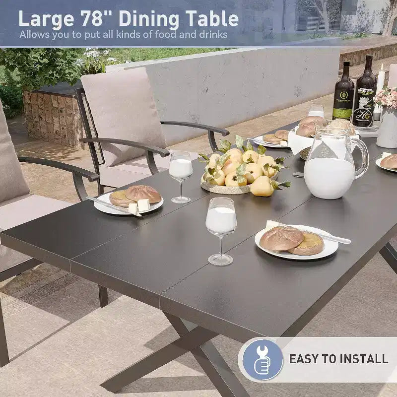 ALAULM 7 Piece Patio Dining Set Outdoor Furniture, Metal Patio Furniture Set 6 Fixed Chairs and Large Table