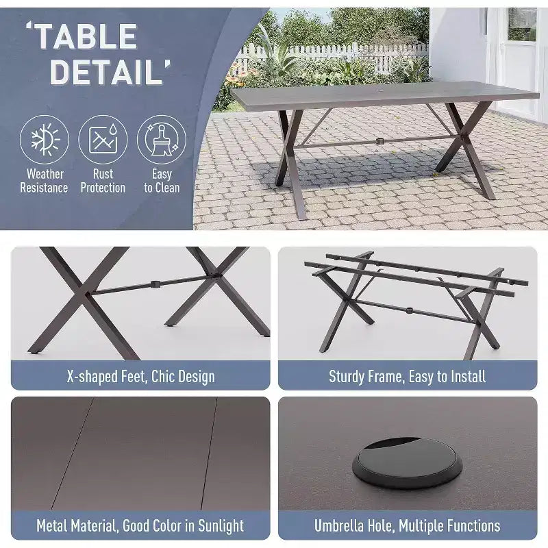 ALAULM 7 Piece Patio Dining Set Outdoor Furniture, Metal Patio Furniture Set 6 Fixed Chairs and Large Table