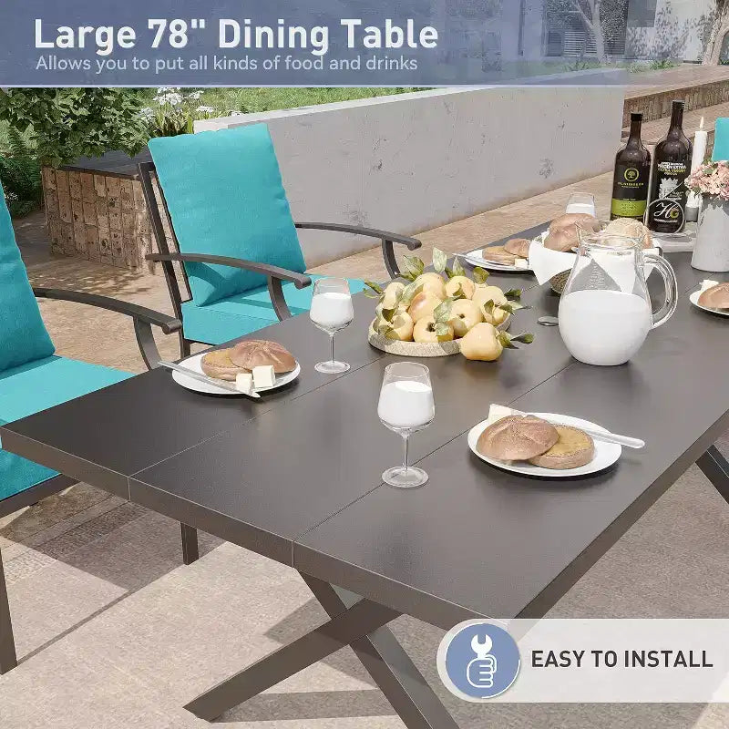 ALAULM 7 Piece Patio Dining Set Outdoor Furniture, Metal Patio Furniture Set 6 Fixed Chairs and Large Table