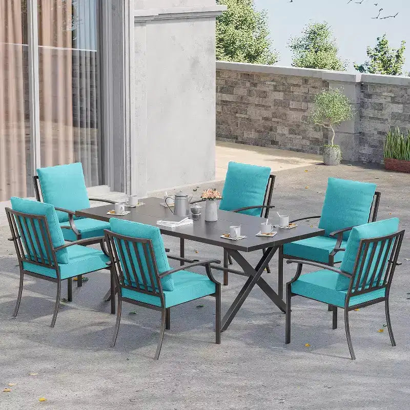 ALAULM 7 Piece Patio Dining Set Outdoor Furniture, Metal Patio Furniture Set 6 Fixed Chairs and Large Table