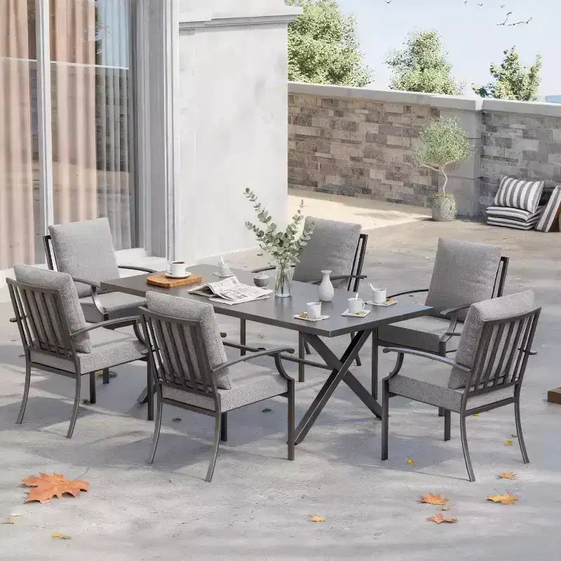 ALAULM 7 Piece Patio Dining Set Outdoor Furniture, Metal Patio Furniture Set 6 Fixed Chairs and Large Table