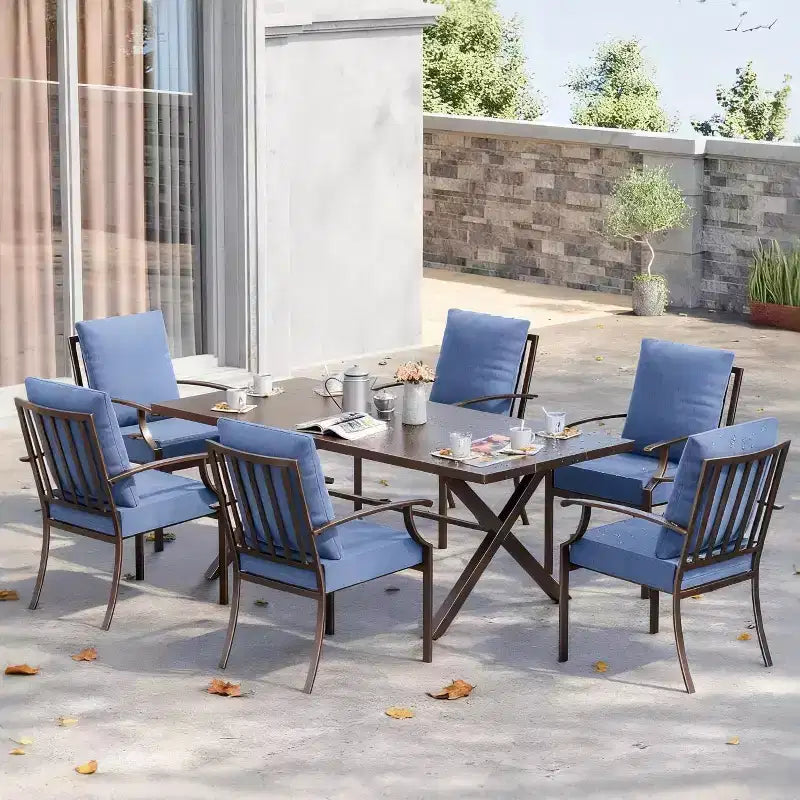 ALAULM 7 Piece Patio Dining Set Outdoor Furniture, Metal Patio Furniture Set 6 Fixed Chairs and Large Table
