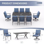 ALAULM Salon de jardin 9 pièces avec 2 chaises pivotantes et 6 chaises fixes, grande table