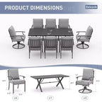 ALAULM Salon de jardin 9 pièces avec 2 chaises pivotantes et 6 chaises fixes, grande table