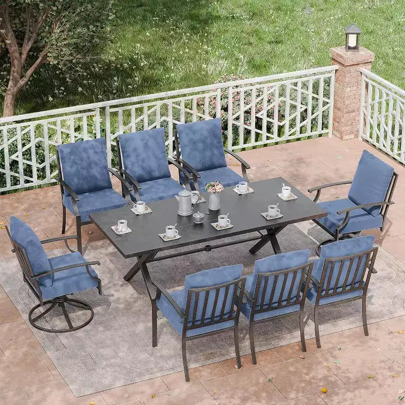 ALAULM 9 Pieces Patio Dining Set Outdoor Furniture with 2 Swivel Chairs and 6 Fixed Chairs, Large Table