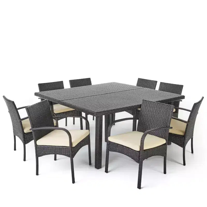 GDFStudio Hubery 9 Piece Outdoor Wicker Patio Dining Set with 64 Square Rattan Table and Cushions