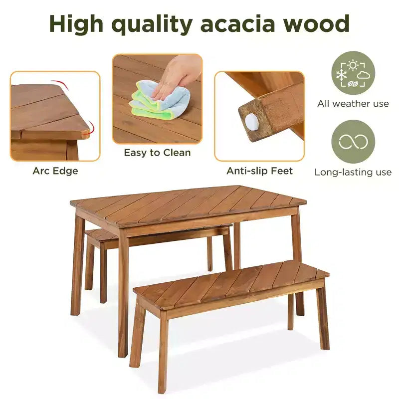 MAYEERTY Dining Set 3 Piece Acacia Table 2 Benches Indoor Outdoor Natural for Patio Garden