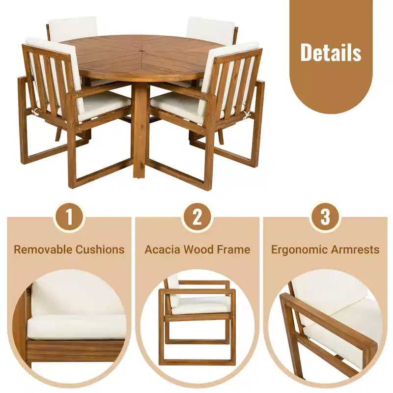 ModernLuxe 5-Piece Outdoor Dining Set Patio Furniture Set with 4 Armchairs & 1 Table for Garden Balcony Backyard, Acacia Wood Frame, Beige+Natural