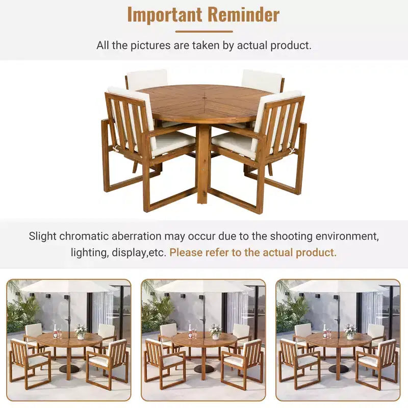 ModernLuxe 5-Piece Outdoor Dining Set Patio Furniture Set with 4 Armchairs & 1 Table for Garden Balcony Backyard, Acacia Wood Frame, Beige+Natural