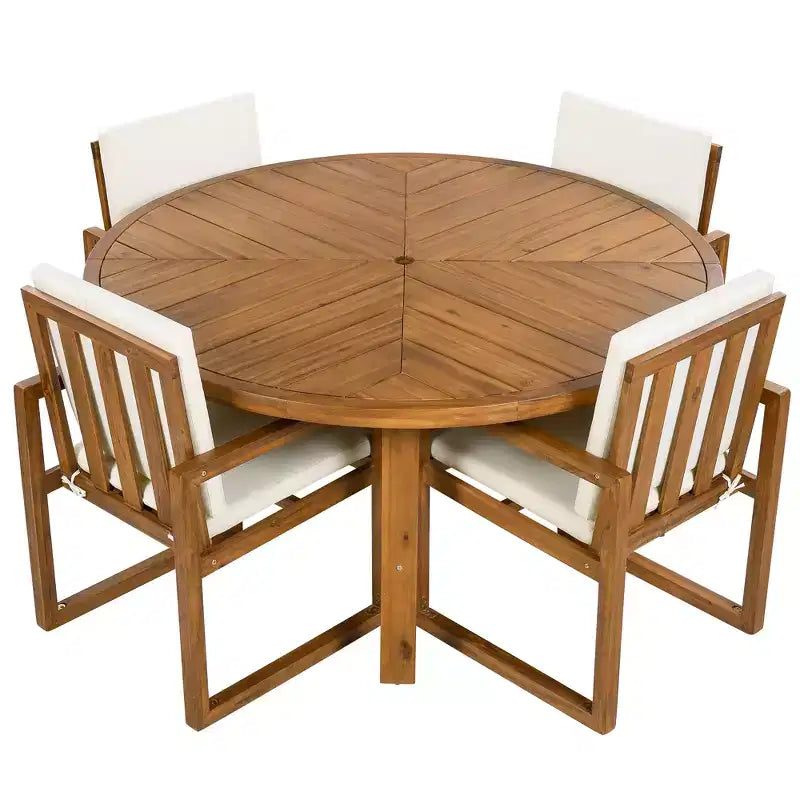 ModernLuxe 5-Piece Outdoor Dining Set Patio Furniture Set with 4 Armchairs & 1 Table for Garden Balcony Backyard, Acacia Wood Frame, Beige+Natural