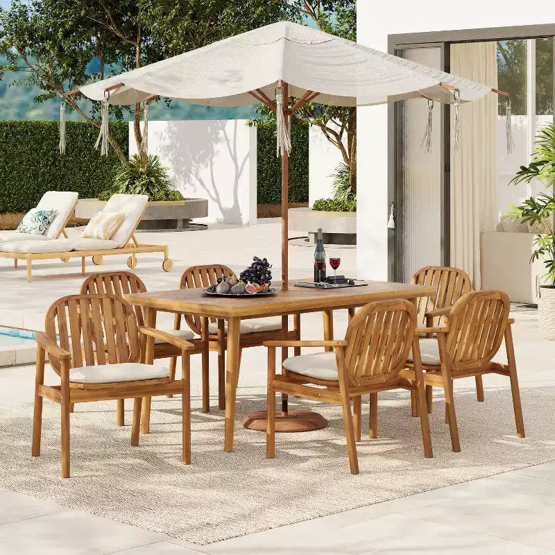 Ensemble de salle à manger d'extérieur rustique en bois d'acacia 7 pièces Christopher Knight Home Kennen avec coussins