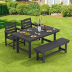 Hyleory Recycled HDPE 4pc Patio Dining Set - Rectangular Table & Umbrella Hole,Patio Dining Bench,2 Patio Armchairs