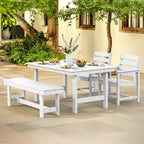 Hyleory Recycled HDPE 4pc Patio Dining Set - Rectangular Table & Umbrella Hole,Patio Dining Bench,2 Patio Armchairs