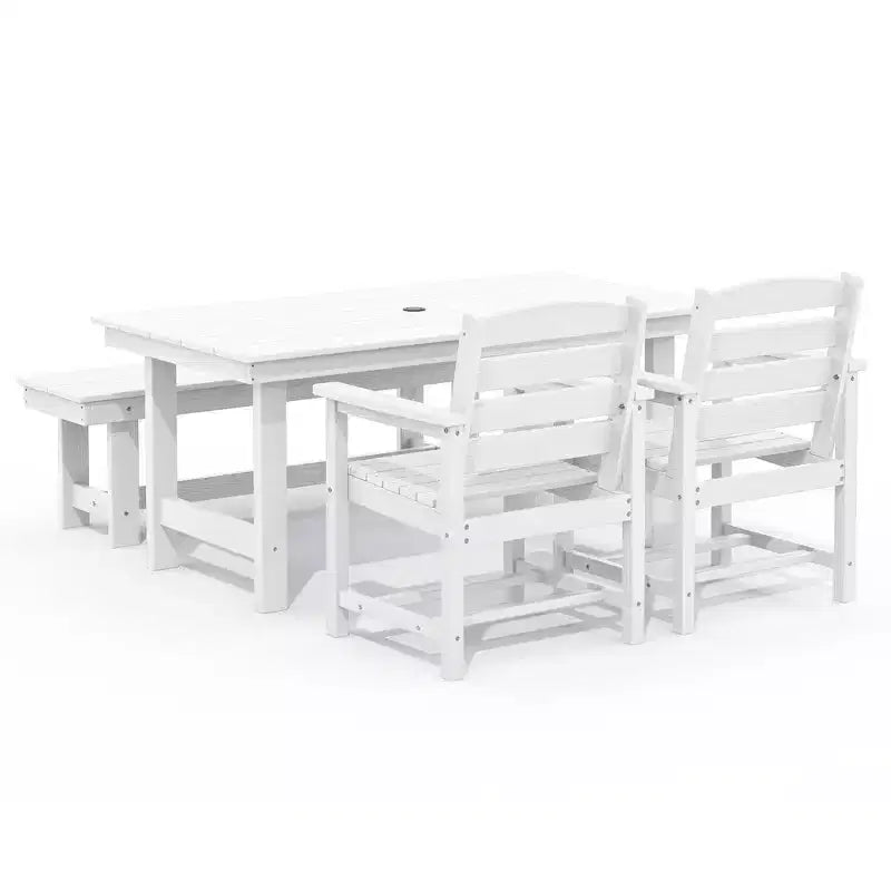 Hyleory Recycled HDPE 4pc Patio Dining Set - Rectangular Table & Umbrella Hole,Patio Dining Bench,2 Patio Armchairs