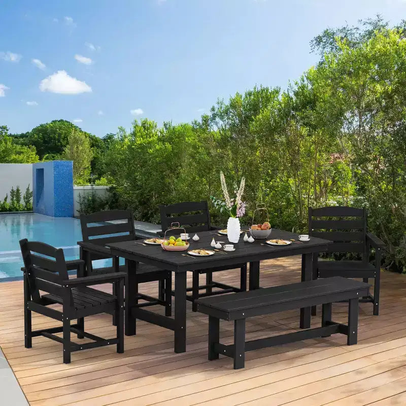 Hyleory 6pc HDPE Outdoor Dining Set with Rectangular Table & Umbrella Hole, Bench and Armchairs