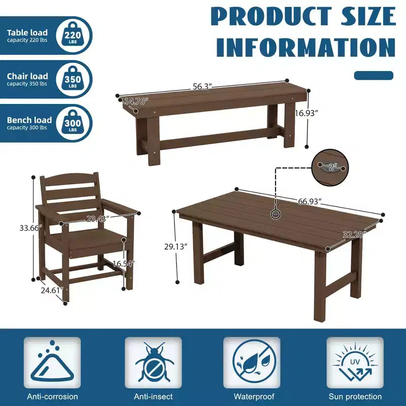 Hyleory 6pc HDPE Outdoor Dining Set with Rectangular Table & Umbrella Hole, Bench and Armchairs