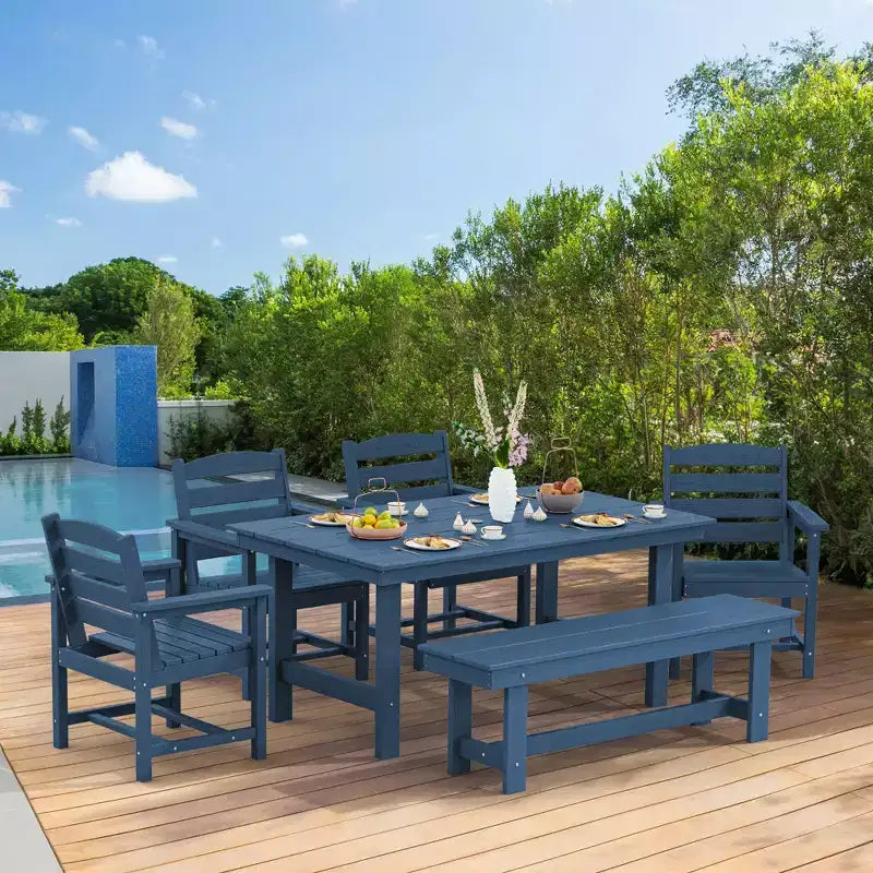 Hyleory 6pc HDPE Outdoor Dining Set with Rectangular Table & Umbrella Hole, Bench and Armchairs