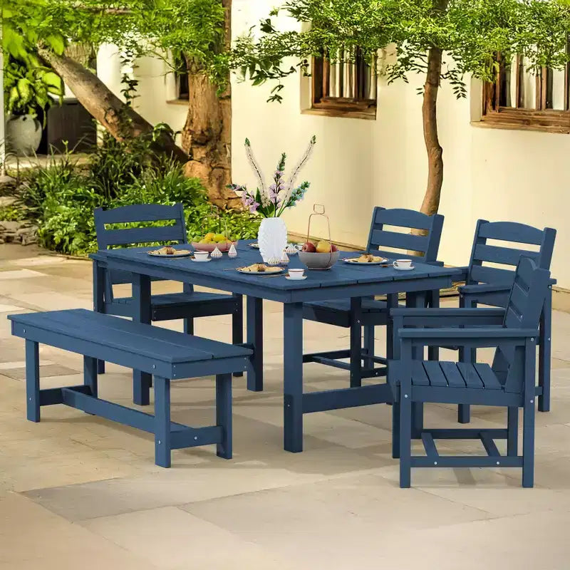 Hyleory 6pc HDPE Outdoor Dining Set with Rectangular Table & Umbrella Hole, Bench and Armchairs