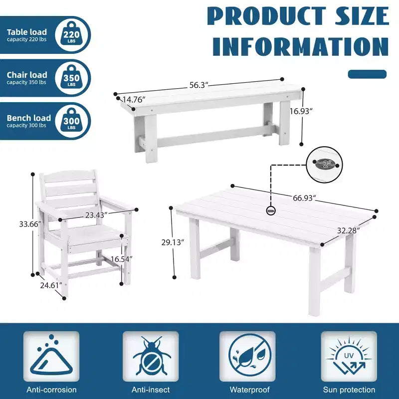 Hyleory 6pc HDPE Outdoor Dining Set with Rectangular Table & Umbrella Hole, Bench and Armchairs