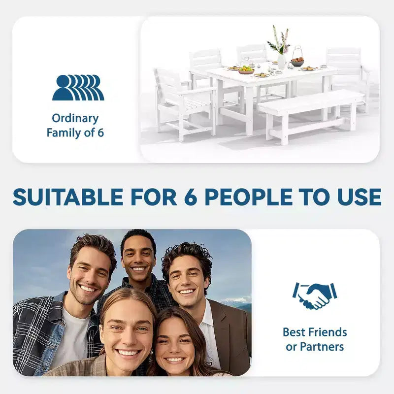 Hyleory 6pc HDPE Outdoor Dining Set with Rectangular Table & Umbrella Hole, Bench and Armchairs