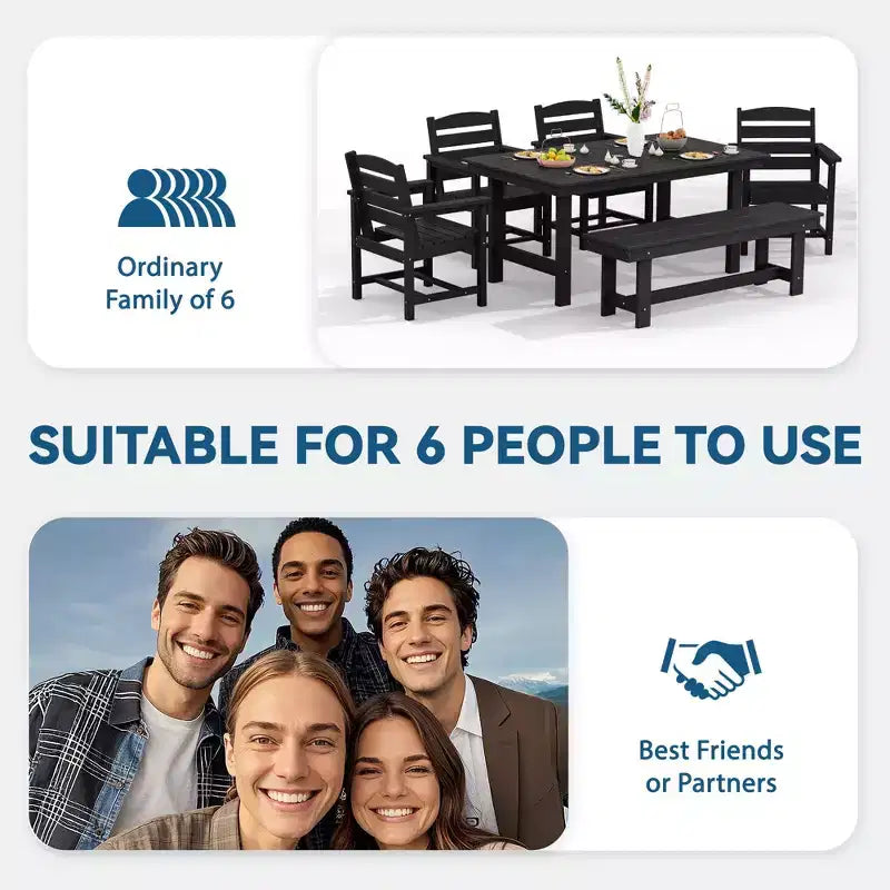 Hyleory 6pc HDPE Outdoor Dining Set with Rectangular Table & Umbrella Hole, Bench and Armchairs