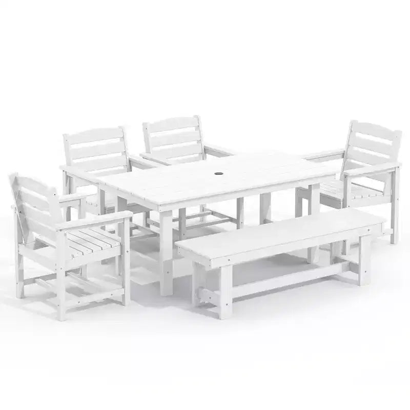 Hyleory 6pc HDPE Outdoor Dining Set with Rectangular Table & Umbrella Hole, Bench and Armchairs