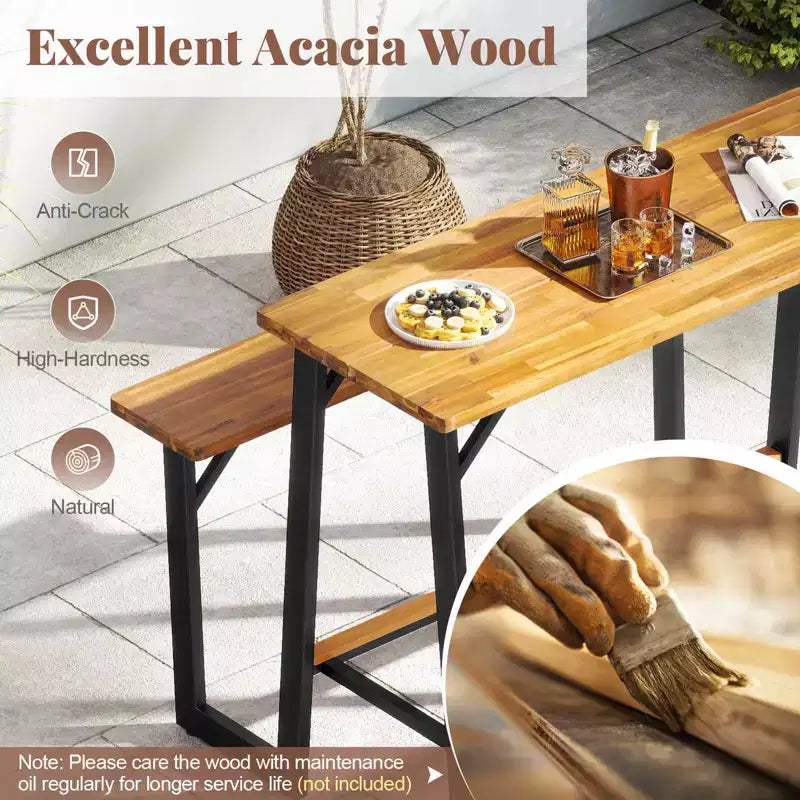 Costway Patio Picnic Table Bench Set with Acacia Wood Tabletop Benchtop Built-in Footrests
