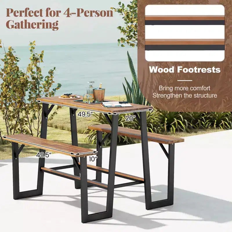 Costway Patio Picnic Table Bench Set with Acacia Wood Tabletop Benchtop Built-in Footrests