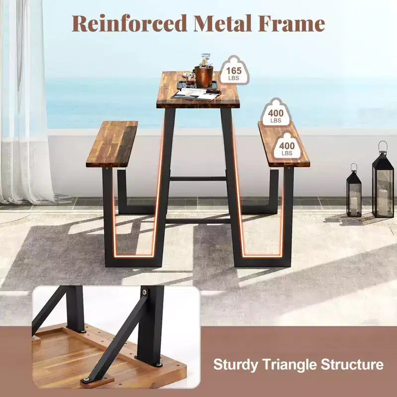 Costway Patio Picnic Table Bench Set with Acacia Wood Tabletop Benchtop Built-in Footrests