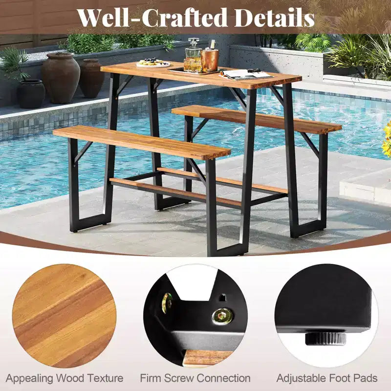 Costway Patio Picnic Table Bench Set with Acacia Wood Tabletop Benchtop Built-in Footrests