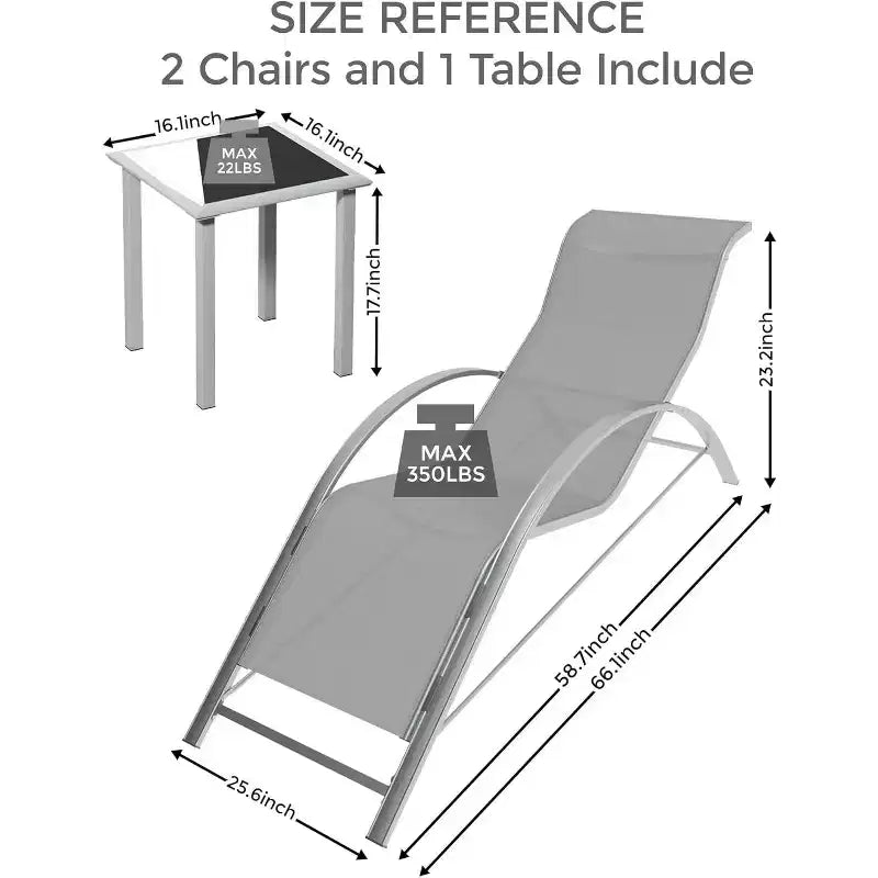 Patio Chaise Lounge Set of 3, Outdoor Pool/Beach Sunbathing Lawn Lounger with Arm & Side Table, for Poolside, Backyard