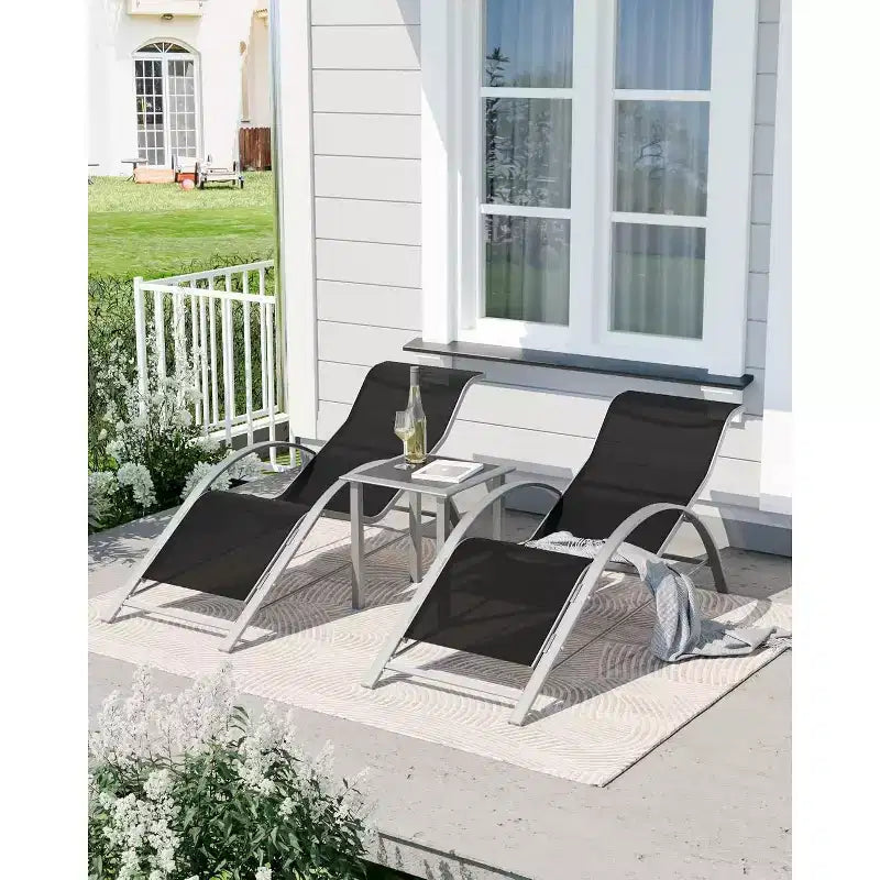 Patio Chaise Lounge Set of 3, Outdoor Pool/Beach Sunbathing Lawn Lounger with Arm & Side Table, for Poolside, Backyard
